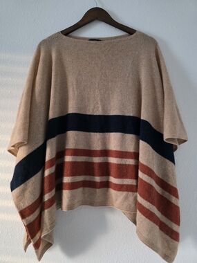 J. Crew Beige Poncho Sweater with Navy and Rust Stripes